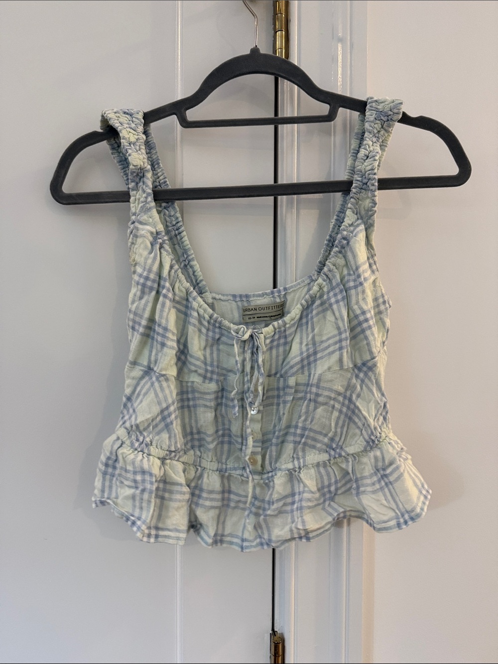 Urban Outfitters Light Blue and Cream Plaid Ruffle Crop Tank